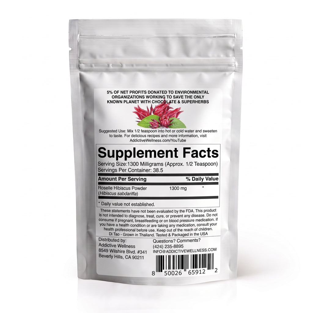 A silver stand-up pouch of Additive Wellness Rose Hip Husk Powder, showing the Supplement Facts label on a white background.
