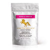 A silver stand-up pouch of Addictive Wellness Roselle Hibiscus Radiant Refresh dietary supplement, featuring a pink label and a gold unicorn logo on a white background.