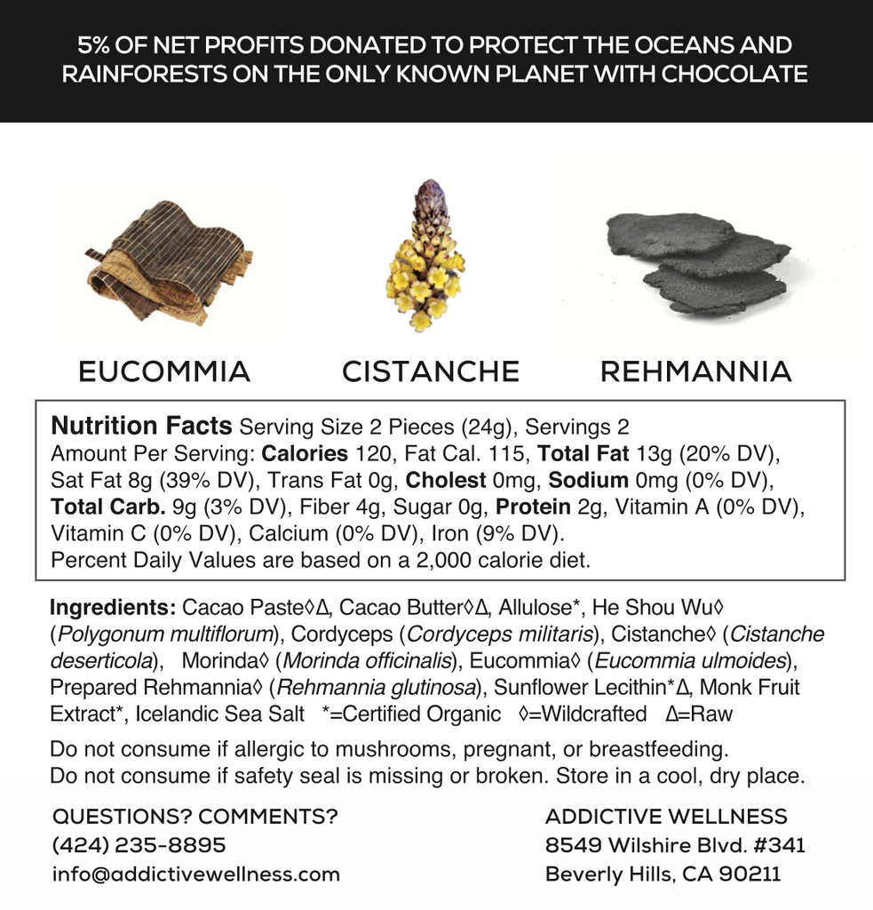 A product information card for a chocolate snack mix. The top text states that 5% of profits are donated to protect oceans and rainforests.