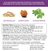A product information card for Astragalus Cordyceps Gynostemma, featuring a purple header with a mission statement, a central graphic of dried mushrooms and green leaves, and product details including nutrition facts and ingredients on a white background.