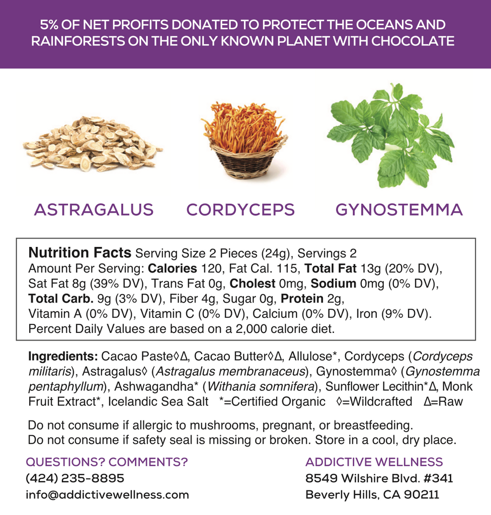 A product information card for Astragalus Cordyceps Gynostemma, featuring a purple header with a mission statement, a central graphic of dried mushrooms and green leaves, and product details including nutrition facts and ingredients on a white background.