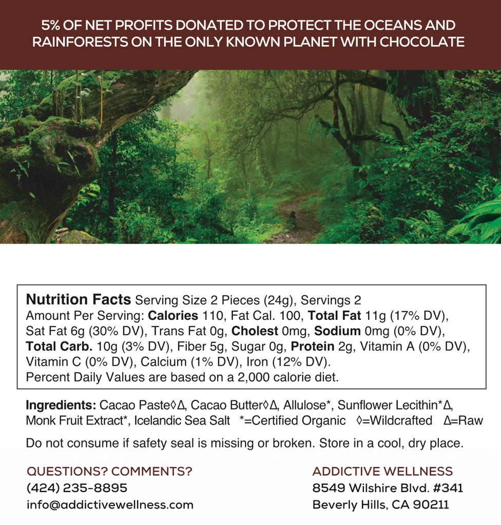 A chocolate bar package label with a large chocolate forest illustration and text stating that 5% of net profits are donated to protect the oceans and rainforests. The package includes nutrition facts and ingredients, with the brand ADDICTIVE WELLNESS visible at the bottom right.