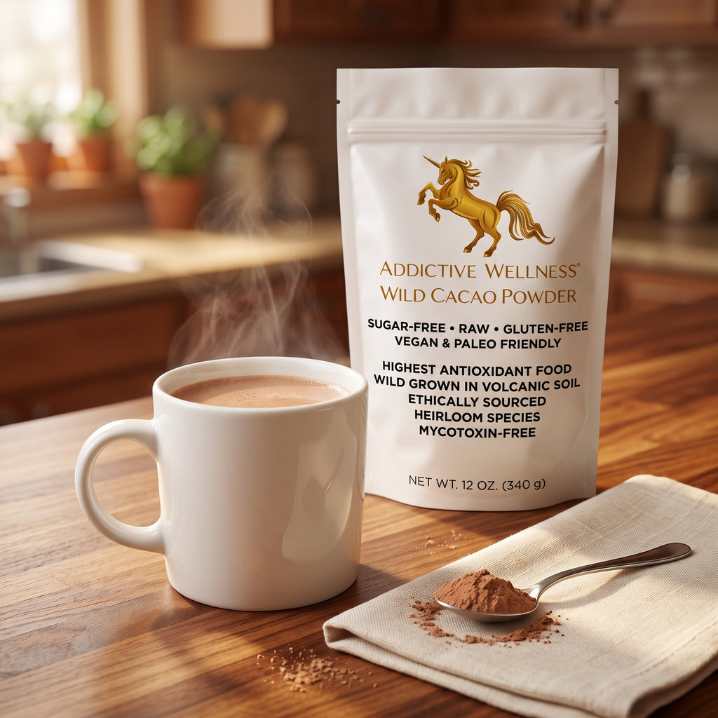 A stand-up pouch of Addictive Wellness Wild Cacao Powder stands on a wooden table beside a white mug of hot cocoa, with a spoon of powder and a folded cloth in a warm kitchen setting.