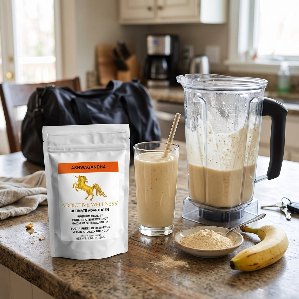 Ashwagandha pouch beside a blender and a creamy smoothie on a kitchen counter