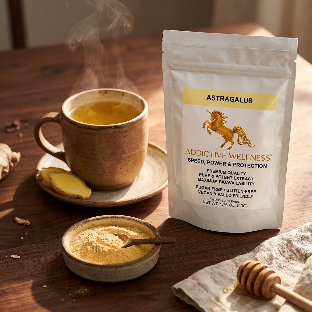 Addictive Wellness Astragalus pouch beside a warm cup of tea and a dish of golden astragalus powder