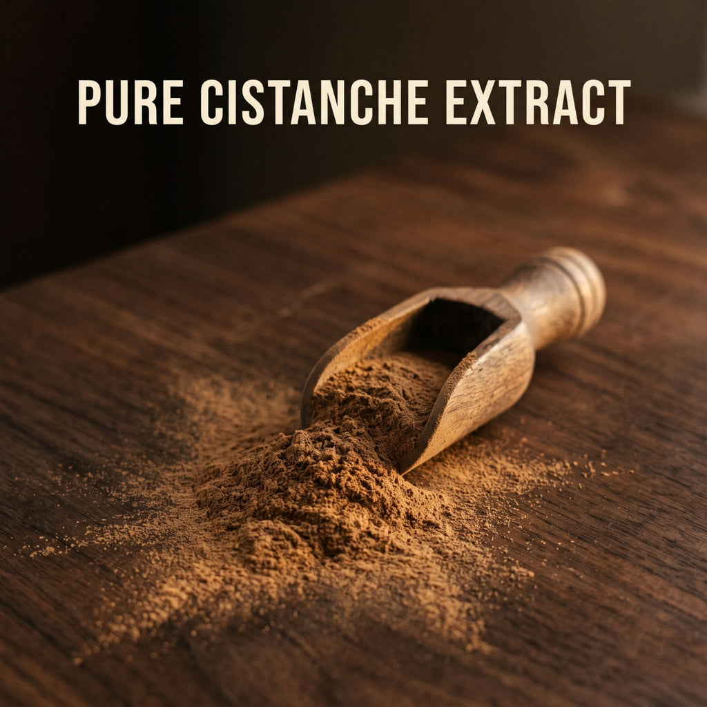 Fine medium brown cistanche extract powder in a wooden scoop