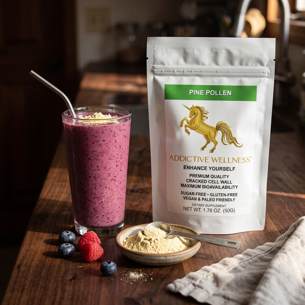 Addictive Wellness Pine Pollen pouch next to a berry smoothie topped with pine pollen