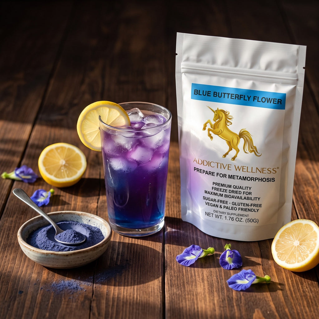 Addictive Wellness Blue Butterfly Flower pouch beside a butterfly flower lemonade and a dish of blue powder