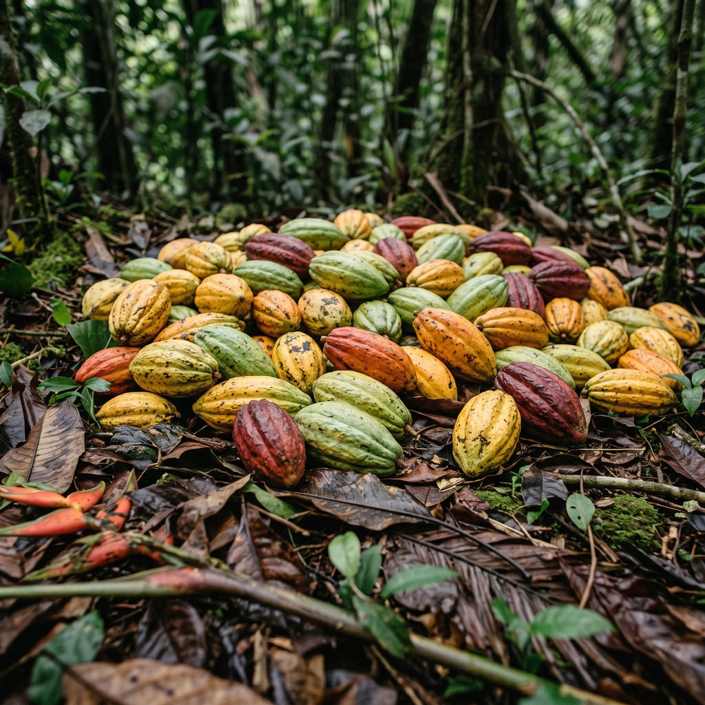 A pile of colorful cacao pods in green, yellow, orange, and red scattered on a forest floor covered in leaves and branches.