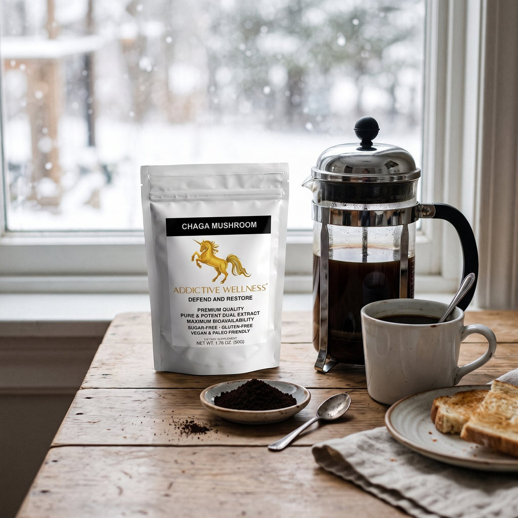 Chaga Mushroom pouch beside a French press and coffee on a snowy morning