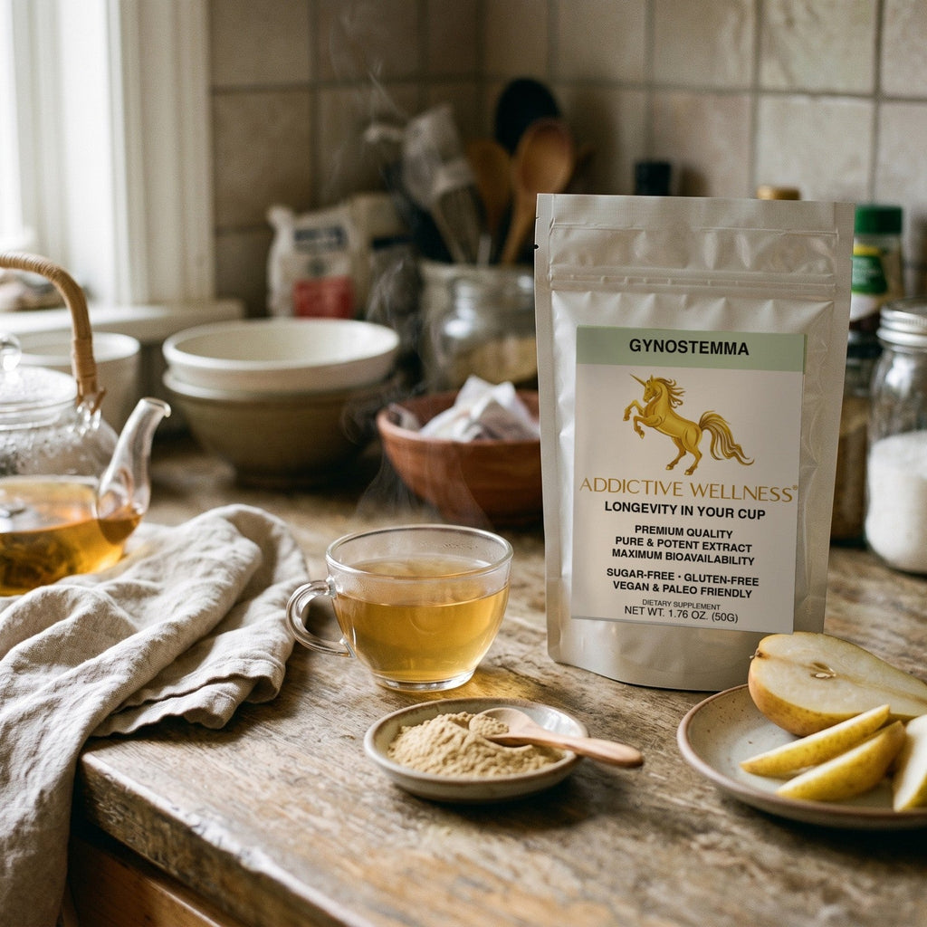Addictive Wellness Gynostemma pouch with a glass cup of gynostemma tea