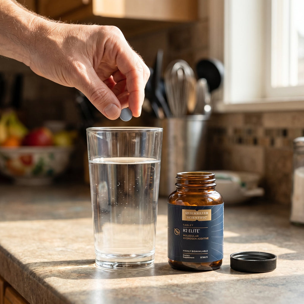 Hand about to drop a small gray H2 Elite tablet into a glass of water beside the jar