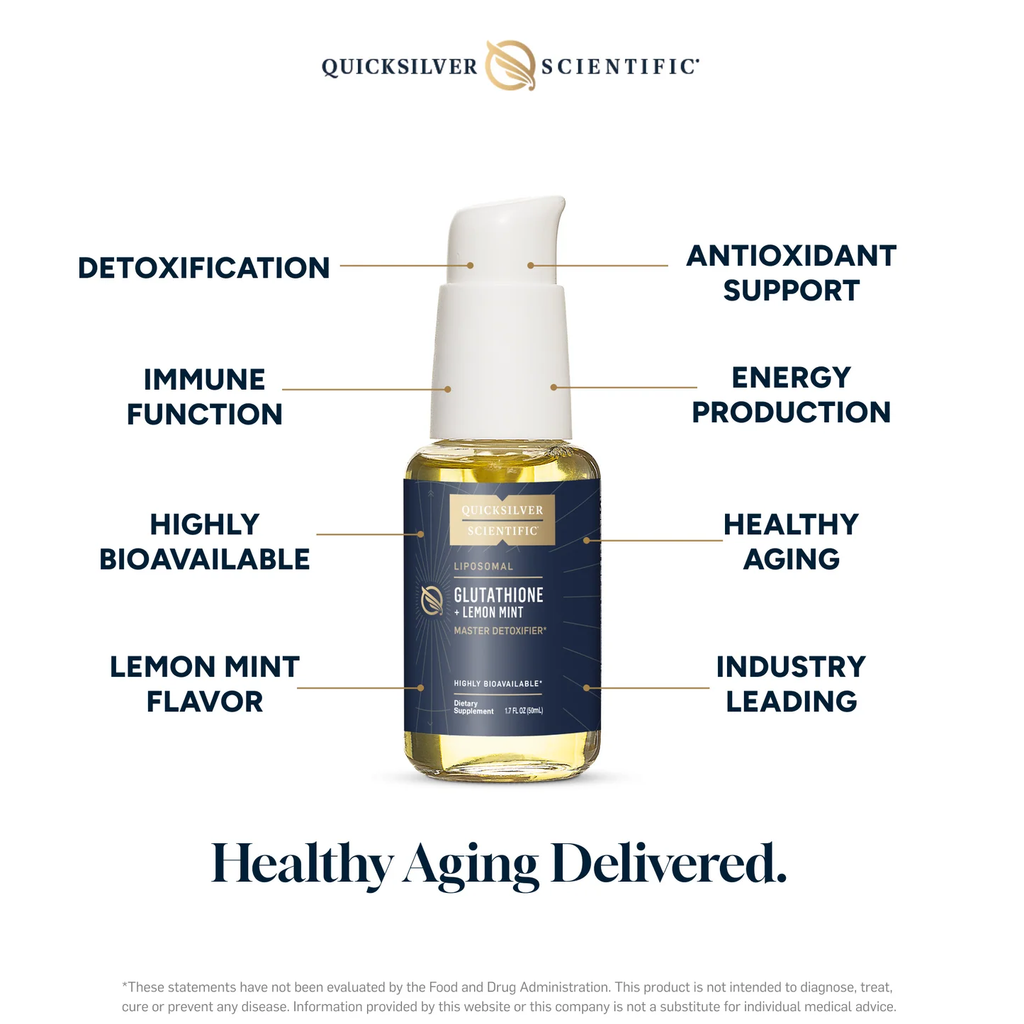 Liposomal Glutathione by Quicksilver in a clear bottle with a pump, featuring lemon mint flavor and antioxidant support la...