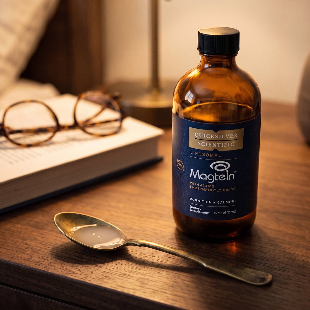 Liposomal Magtein bottle and a brass teaspoon on a nightstand in warm lamplight