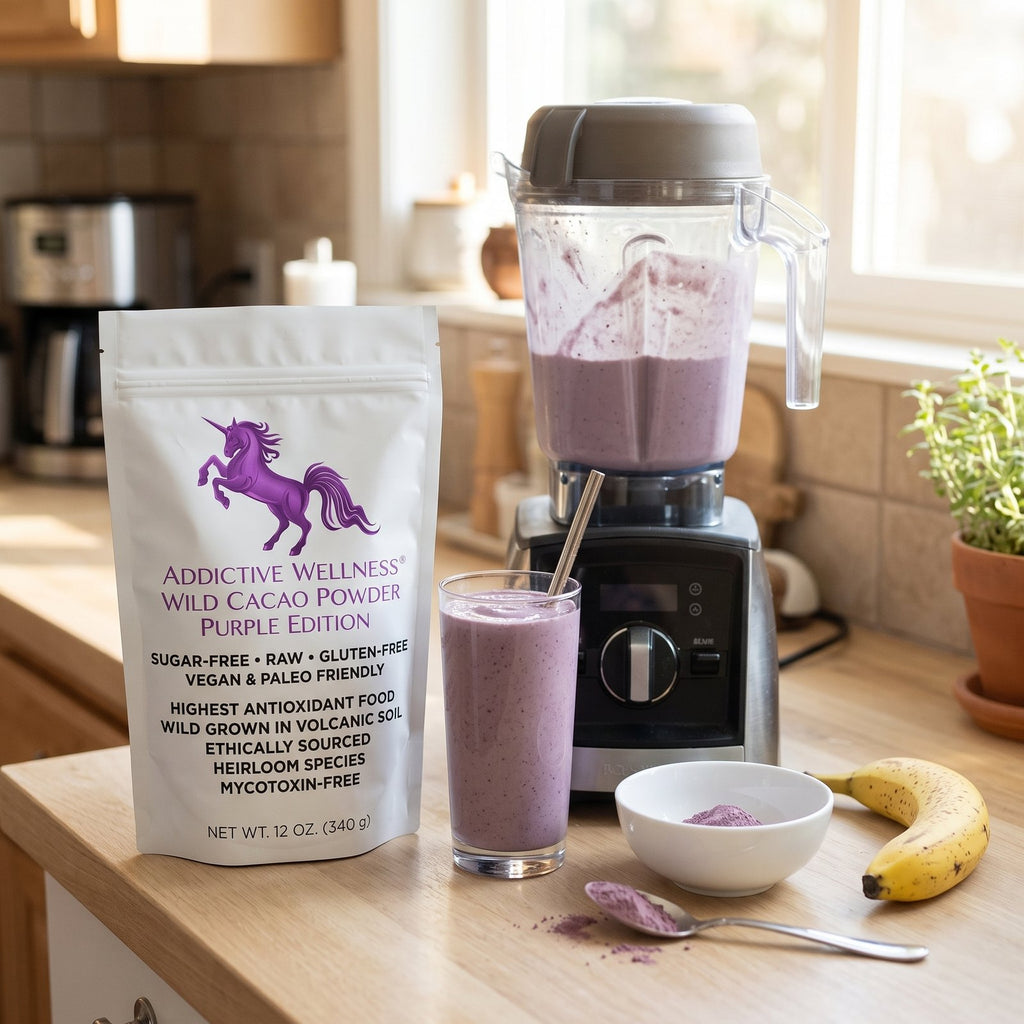 Purple Cacao Powder pouch beside a lavender cacao drink