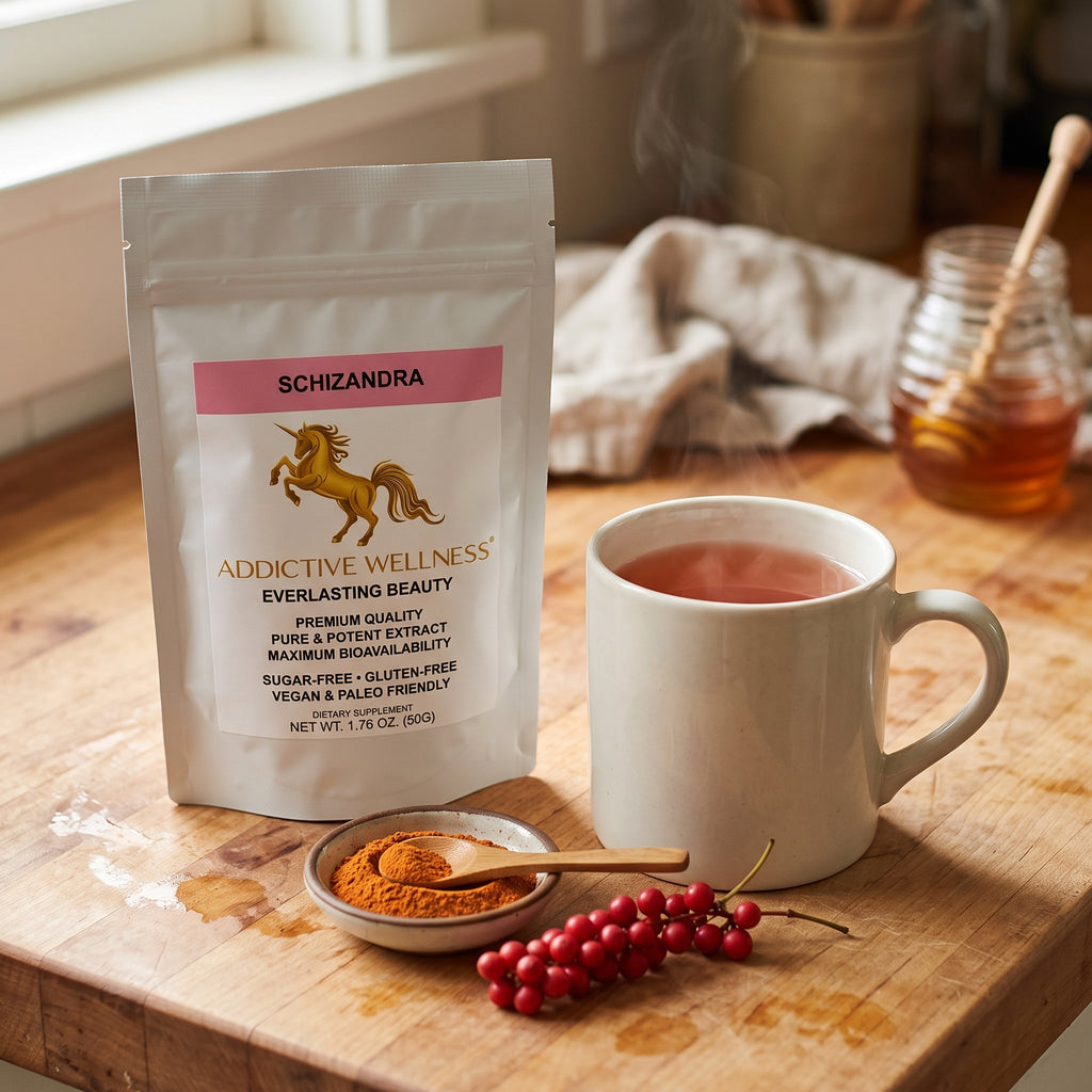 Addictive Wellness Schizandra pouch beside a mug of rosy schizandra tea, a dish of powder and fresh berries