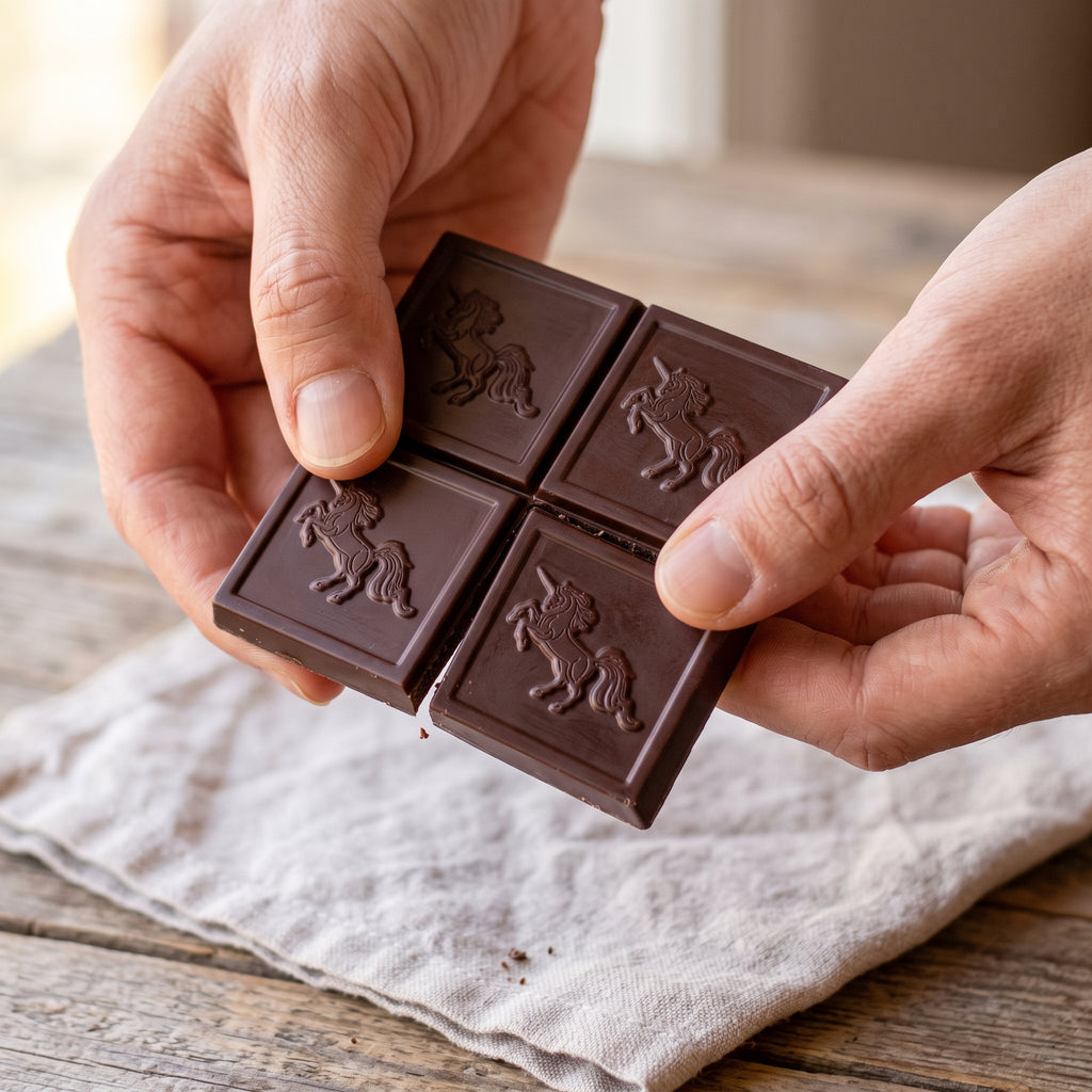 Hands snapping a square off an Addictive Wellness unicorn chocolate bar