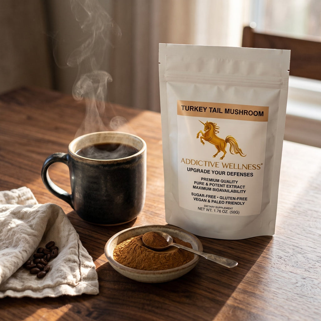 Addictive Wellness Turkey Tail Mushroom pouch beside a cup of coffee and a dish of brown turkey tail powder