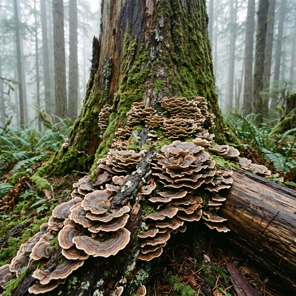 Wild turkey tail mushrooms growing on an old moss-covered tree in a misty forest