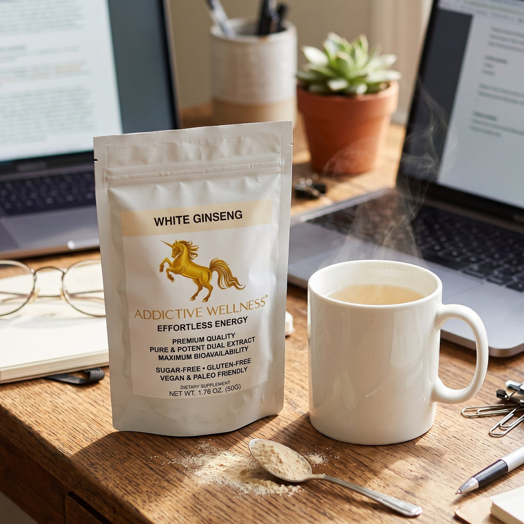 White Ginseng pouch beside a mug of pale ginseng tea on a home office desk