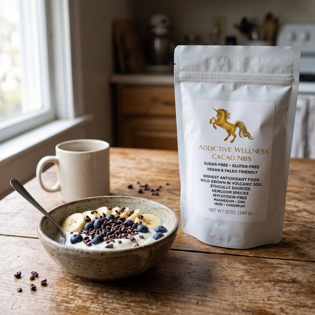 Addictive Wellness Wild Cacao Nibs pouch beside a yogurt bowl with banana, blueberries and cacao nibs